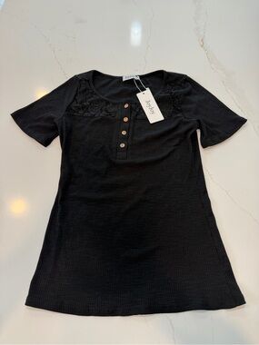 Joy Joy Black Ribbed Henley Top with Lace Yoke #389